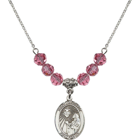 Sterling Silver Saint Margaret Mary Alacoque Birthstone Necklace with Rose Beads - 8072
