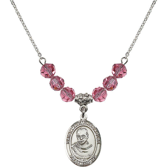 Sterling Silver Saint Maximilian Kolbe Birthstone Necklace with Rose Beads - 8073