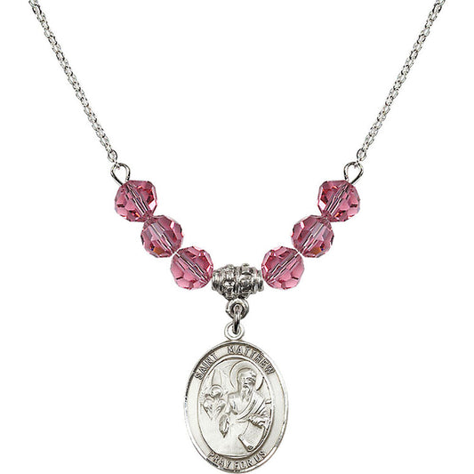 Sterling Silver Saint Matthew the Apostle Birthstone Necklace with Rose Beads - 8074