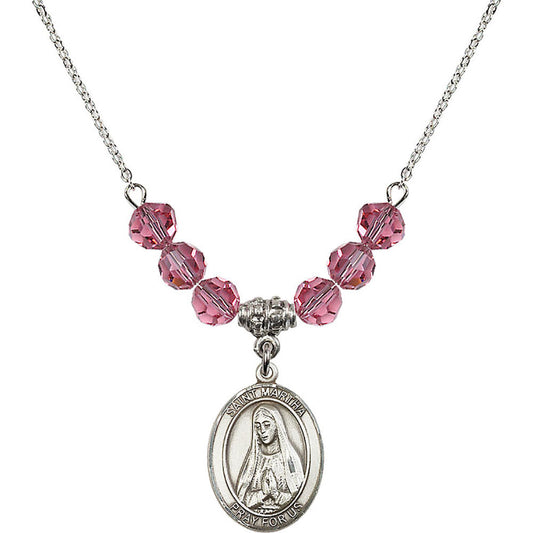 Sterling Silver Saint Martha Birthstone Necklace with Rose Beads - 8075
