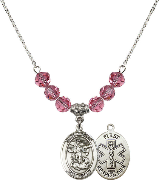 Sterling Silver Saint Michael/1St Responder Birthstone Necklace with Rose Beads - 8076