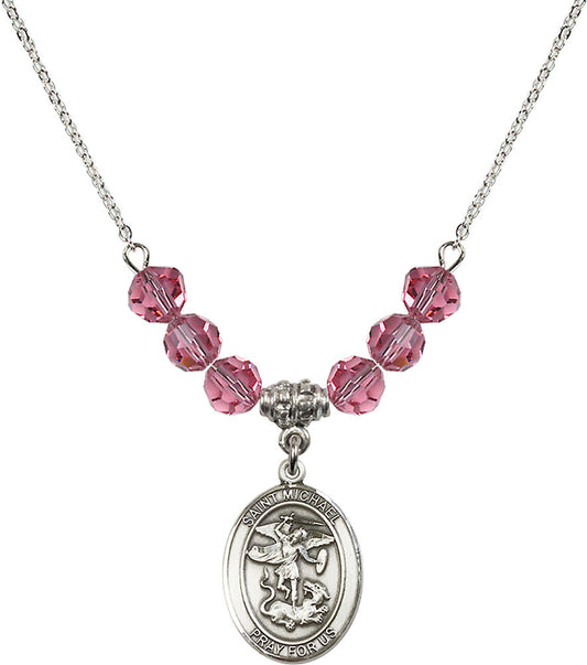 Sterling Silver Saint Michael the Archangel Birthstone Necklace with Rose Beads - 8076