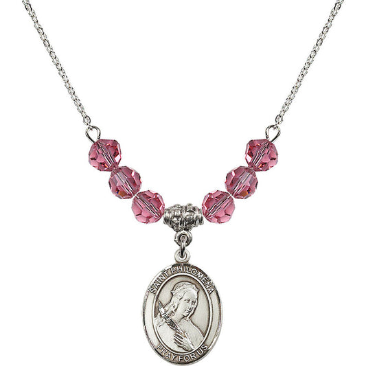 Sterling Silver Saint Philomena Birthstone Necklace with Rose Beads - 8077