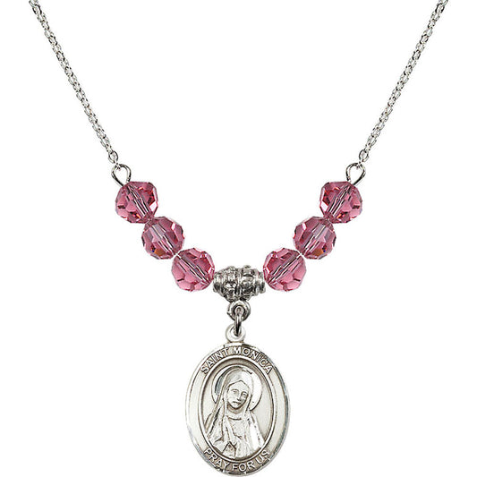 Sterling Silver Saint Monica Birthstone Necklace with Rose Beads - 8079