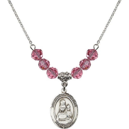 Sterling Silver Our Lady of Loretto Birthstone Necklace with Rose Beads - 8082