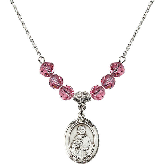 Sterling Silver Saint Philip the Apostle Birthstone Necklace with Rose Beads - 8083
