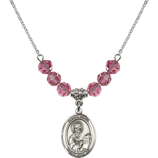 Sterling Silver Saint Paul the Apostle Birthstone Necklace with Rose Beads - 8086