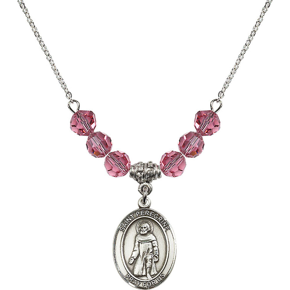 Sterling Silver Saint Peregrine Laziosi Birthstone Necklace with Rose Beads - 8088