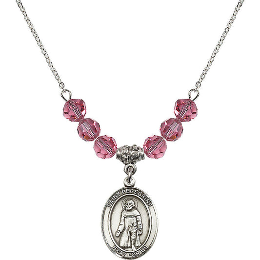 Sterling Silver Saint Peregrine Laziosi Birthstone Necklace with Rose Beads - 8088