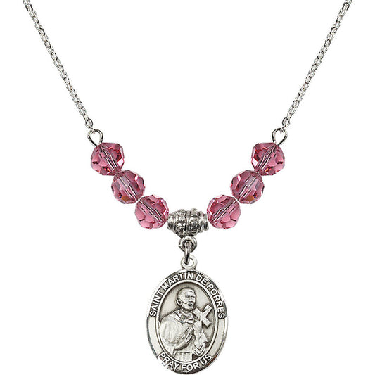 Sterling Silver Saint Martin de Porres Birthstone Necklace with Rose Beads - 8089