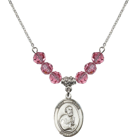 Sterling Silver Saint Peter the Apostle Birthstone Necklace with Rose Beads - 8090