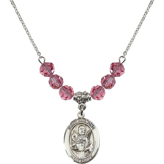 Sterling Silver Saint Raymond Nonnatus Birthstone Necklace with Rose Beads - 8091
