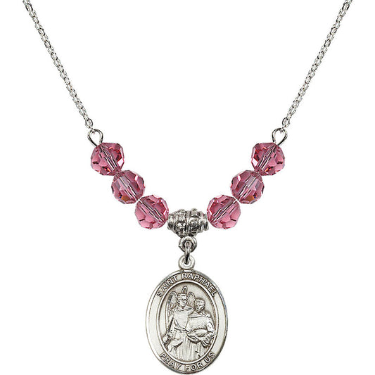 Sterling Silver Saint Raphael the Archangel Birthstone Necklace with Rose Beads - 8092