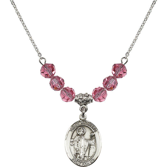 Sterling Silver Saint Richard Birthstone Necklace with Rose Beads - 8093