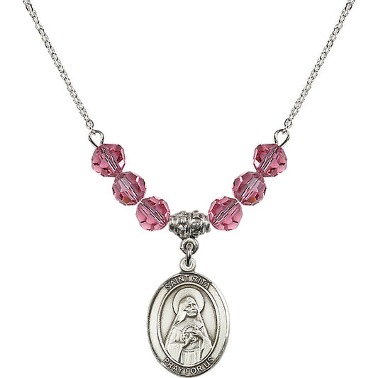 Sterling Silver Saint Rita of Cascia Birthstone Necklace with Rose Beads - 8094