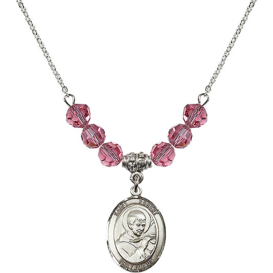 Sterling Silver Saint Robert Bellarmine Birthstone Necklace with Rose Beads - 8096