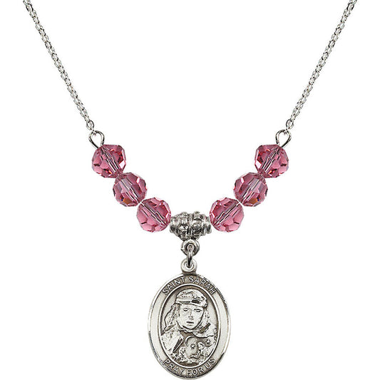 Sterling Silver Saint Sarah Birthstone Necklace with Rose Beads - 8097