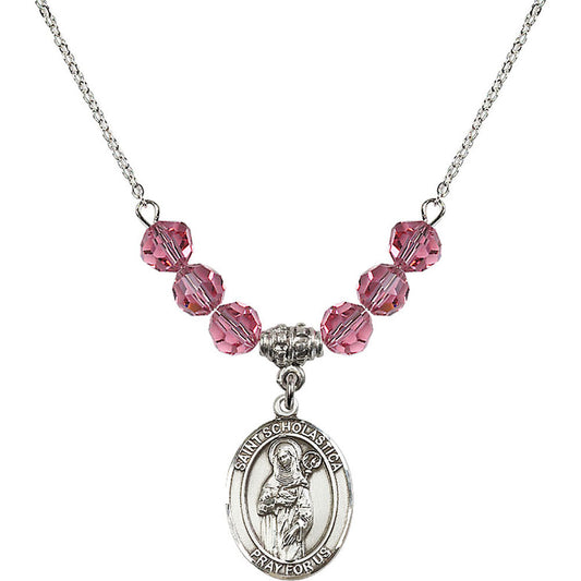 Sterling Silver Saint Scholastica Birthstone Necklace with Rose Beads - 8099