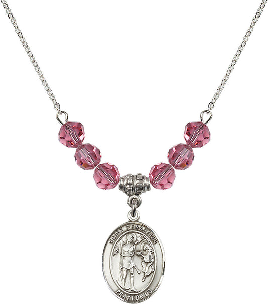 Sterling Silver Saint Sebastian Birthstone Necklace with Rose Beads - 8100