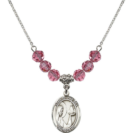 Sterling Silver Our Lady Star of the Sea Birthstone Necklace with Rose Beads - 8101