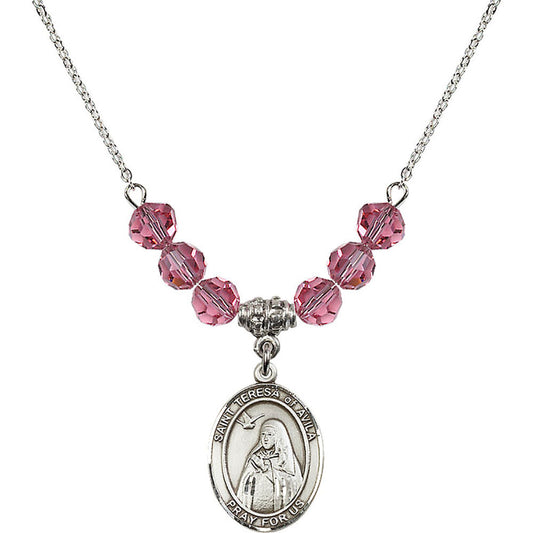 Sterling Silver Saint Teresa of Avila Birthstone Necklace with Rose Beads - 8102
