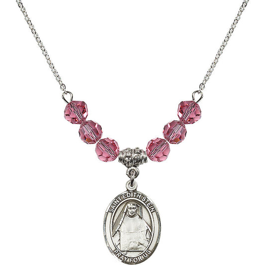 Sterling Silver Saint Edith Stein Birthstone Necklace with Rose Beads - 8103