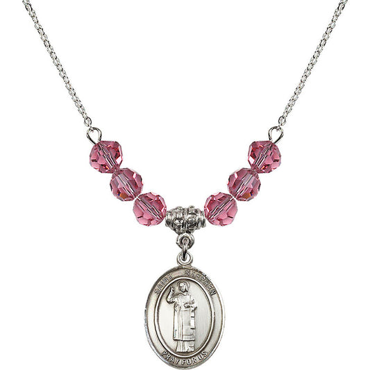 Sterling Silver Saint Stephen the Martyr Birthstone Necklace with Rose Beads - 8104