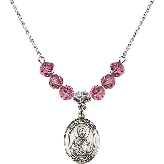 Sterling Silver Saint Timothy Birthstone Necklace with Rose Beads - 8105