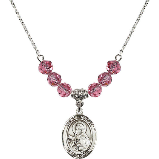 Sterling Silver Saint Theresa Birthstone Necklace with Rose Beads - 8106