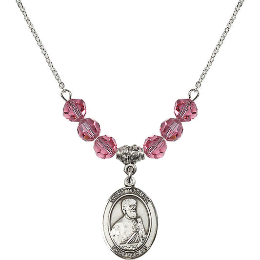 Sterling Silver Saint Thomas the Apostle Birthstone Necklace with Rose Beads - 8107