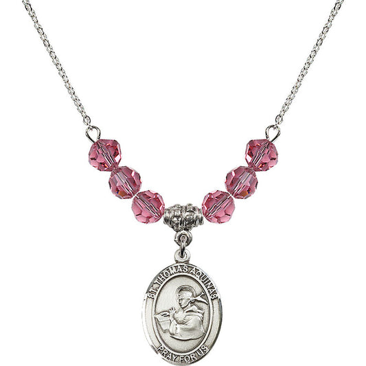 Sterling Silver Saint Thomas Aquinas Birthstone Necklace with Rose Beads - 8108