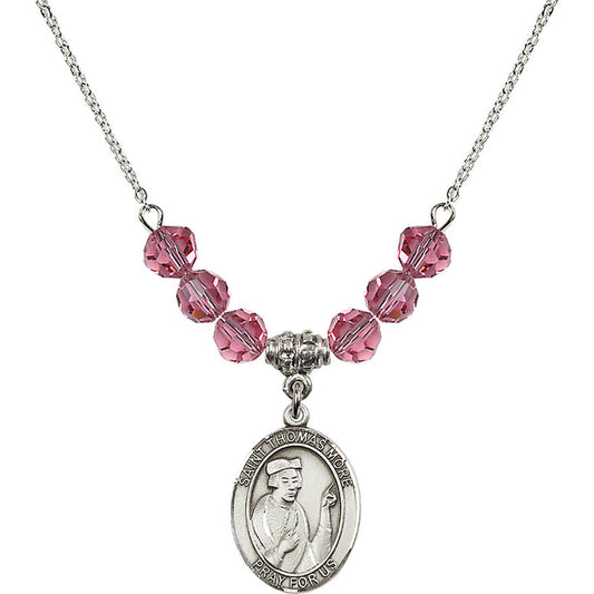 Sterling Silver Saint Thomas More Birthstone Necklace with Rose Beads - 8109