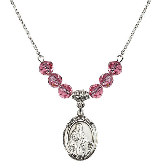 Sterling Silver Saint Veronica Birthstone Necklace with Rose Beads - 8110