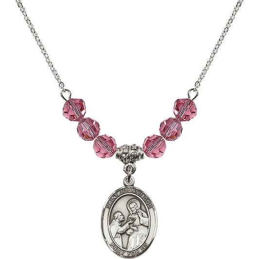Sterling Silver Saint John of God Birthstone Necklace with Rose Beads - 8112