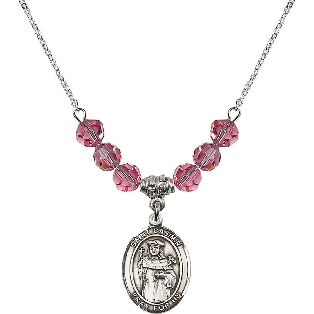 Sterling Silver Saint Casimir of Poland Birthstone Necklace with Rose Beads - 8113