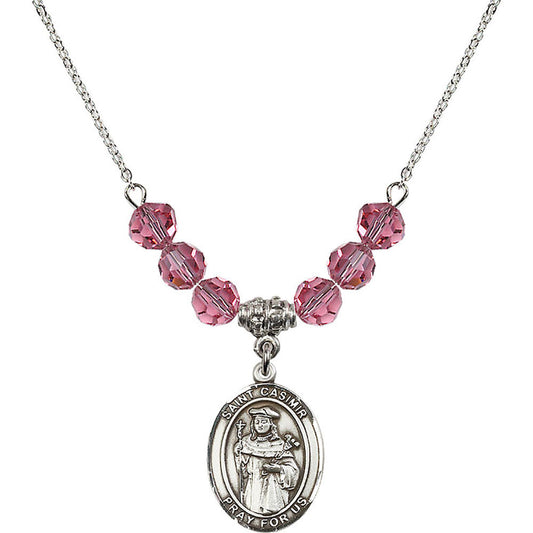 Sterling Silver Saint Casimir of Poland Birthstone Necklace with Rose Beads - 8113