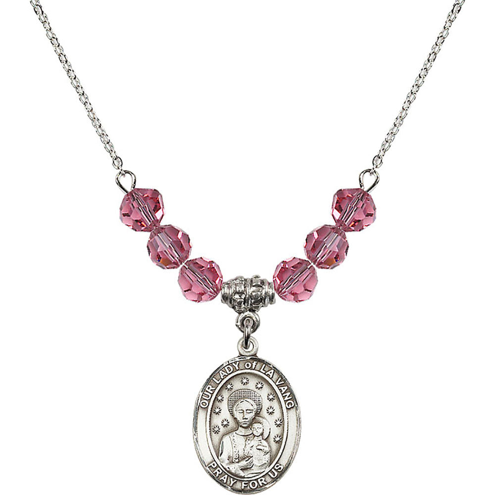 Sterling Silver Our Lady of la Vang Birthstone Necklace with Rose Beads - 8115