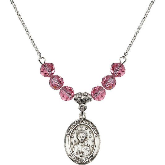 Sterling Silver Our Lady of la Vang Birthstone Necklace with Rose Beads - 8115