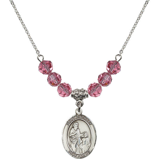 Sterling Silver Saint Zachary Birthstone Necklace with Rose Beads - 8116