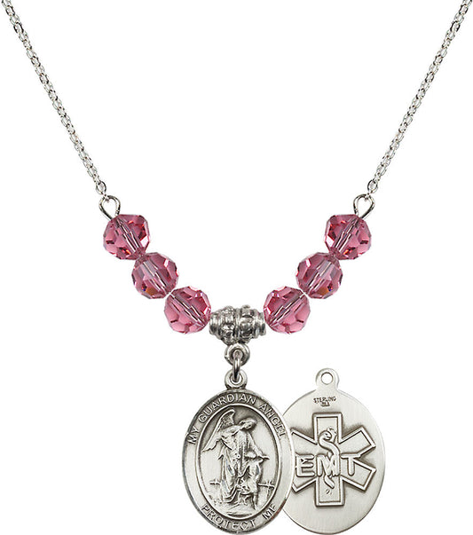 Sterling Silver Guardian Angel / EMT Birthstone Necklace with Rose Beads - 8118