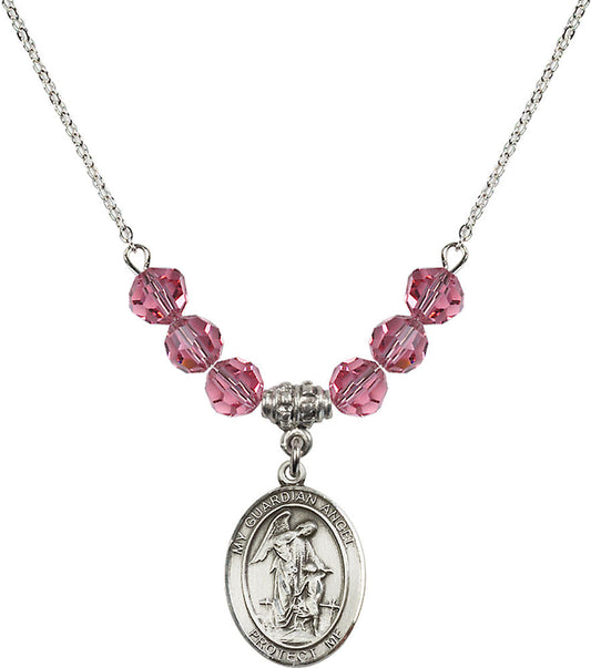 Sterling Silver Guardian Angel w/Child Birthstone Necklace with Rose Beads - 8118