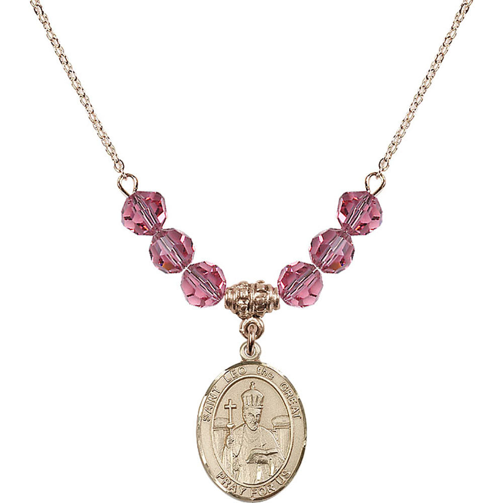 14kt Gold Filled Saint Leo the Great Birthstone Necklace with Rose Beads - 8120
