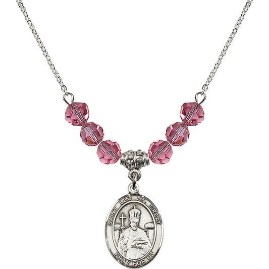 Sterling Silver Saint Leo the Great Birthstone Necklace with Rose Beads - 8120