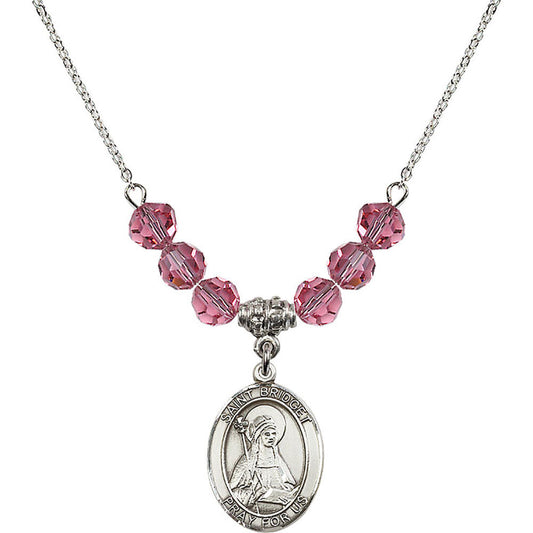 Sterling Silver Saint Bridget of Sweden Birthstone Necklace with Rose Beads - 8122