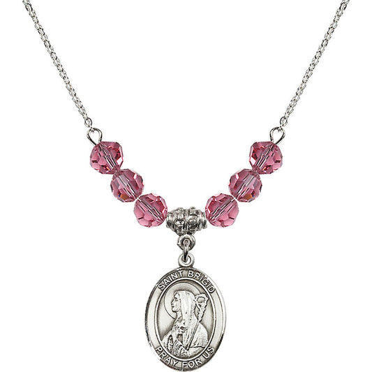Sterling Silver Saint Brigid of Ireland Birthstone Necklace with Rose Beads - 8123