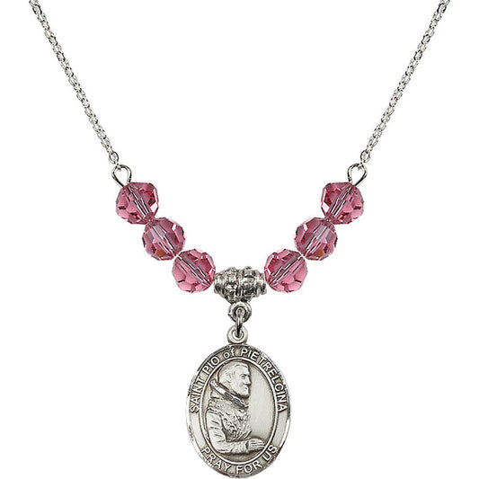 Sterling Silver Saint Pio of Pietrelcina Birthstone Necklace with Rose Beads - 8125