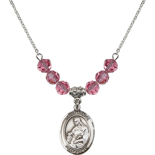 Sterling Silver Saint Agnes of Rome Birthstone Necklace with Rose Beads - 8128