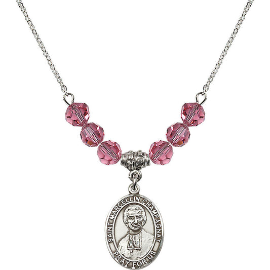 Sterling Silver Saint Marcellin Champagnat Birthstone Necklace with Rose Beads - 8131