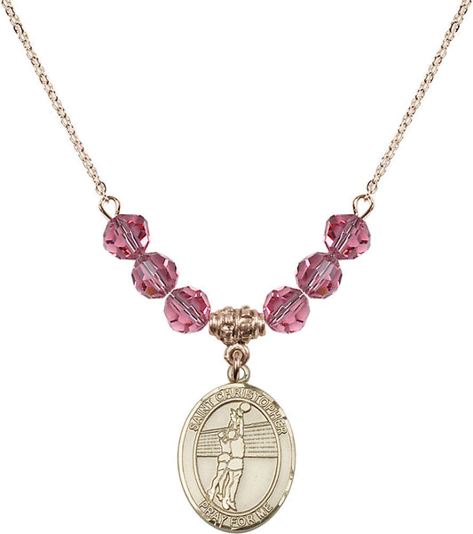 14kt Gold Filled Saint Christopher/Volleyball Birthstone Necklace with Rose Beads - 8138