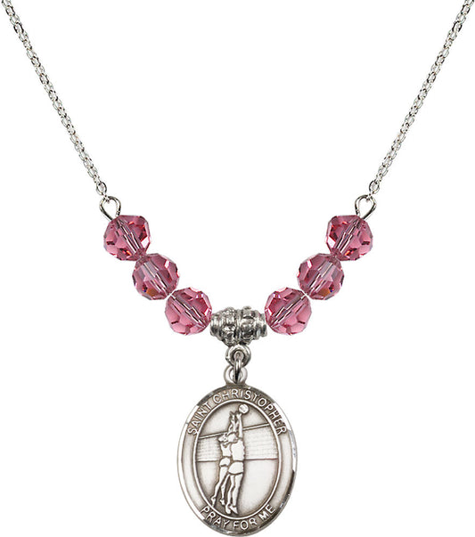 Sterling Silver Saint Christopher/Volleyball Birthstone Necklace with Rose Beads - 8138